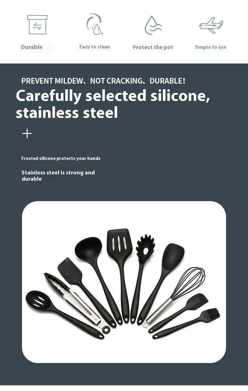 10PCS Non Stick Silicone Baking Utensils Set Black | Heat Resistant Kitchen Cooking Tools | Modern Silicone Cookware