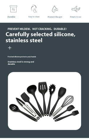 10PCS Non Stick Silicone Baking Utensils Set Black | Heat Resistant Kitchen Cooking Tools | Modern Silicone Cookware