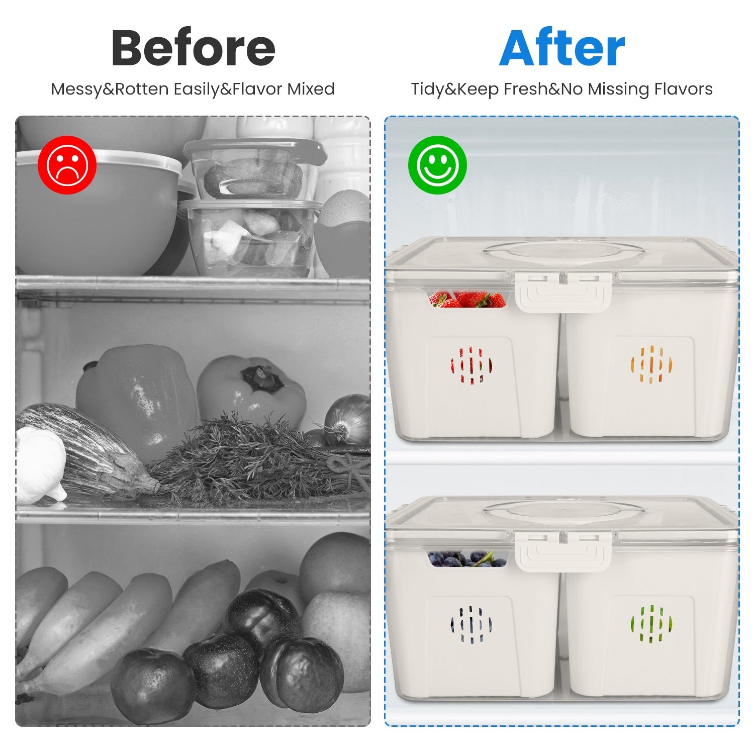 2Pack Airtight Fruit Storage Containers with 8 Removable Colanders | 4 Compartment Vegetable & Food Organizer for Fridge & Picnic