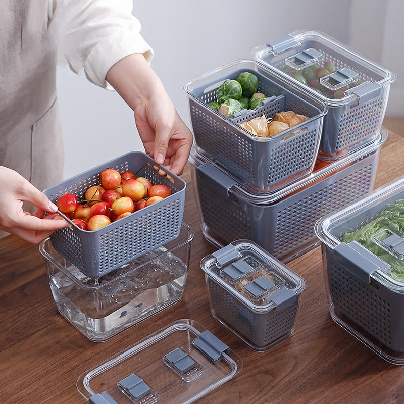 Kitchen Refrigerator Storage Box with Lid – PET Fresh-Keeping Fruit & Vegetable Drain Container – Food Organizer Crisper Bin