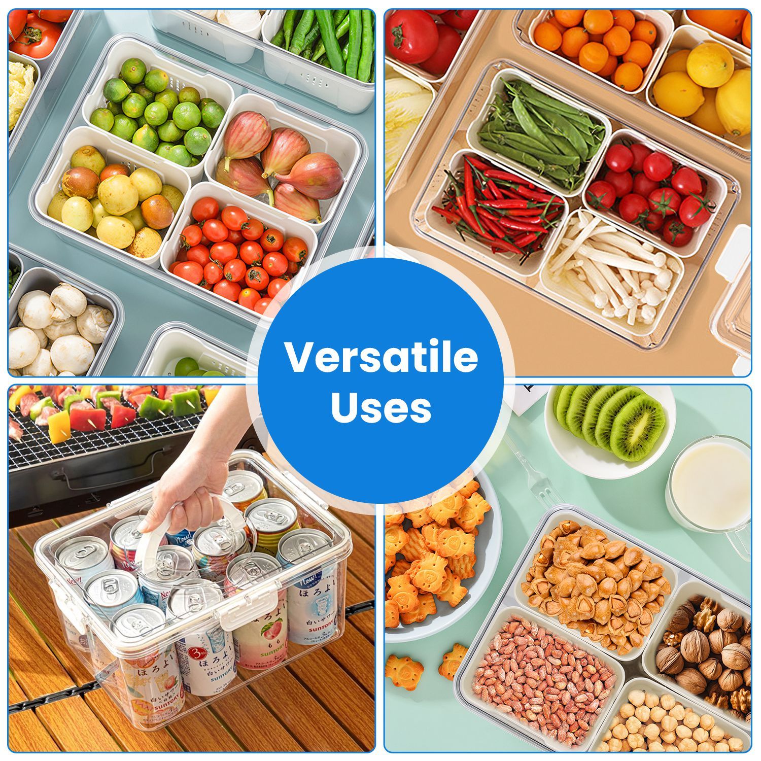 2Pack Airtight Fruit Storage Containers with 8 Removable Colanders | 4 Compartment Vegetable & Food Organizer for Fridge & Picnic