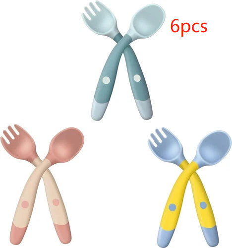 Bendable Silicone Baby Spoon & Fork Set Soft Training Utensils for Toddlers Learning to Eat