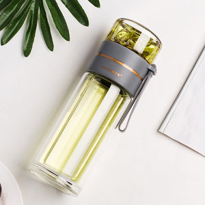 Glass Water Bottle with Tea Infuser – Double Wall, Leakproof, Heat-Resistant, Tea Separation Design | 400–450ML Travel Cup