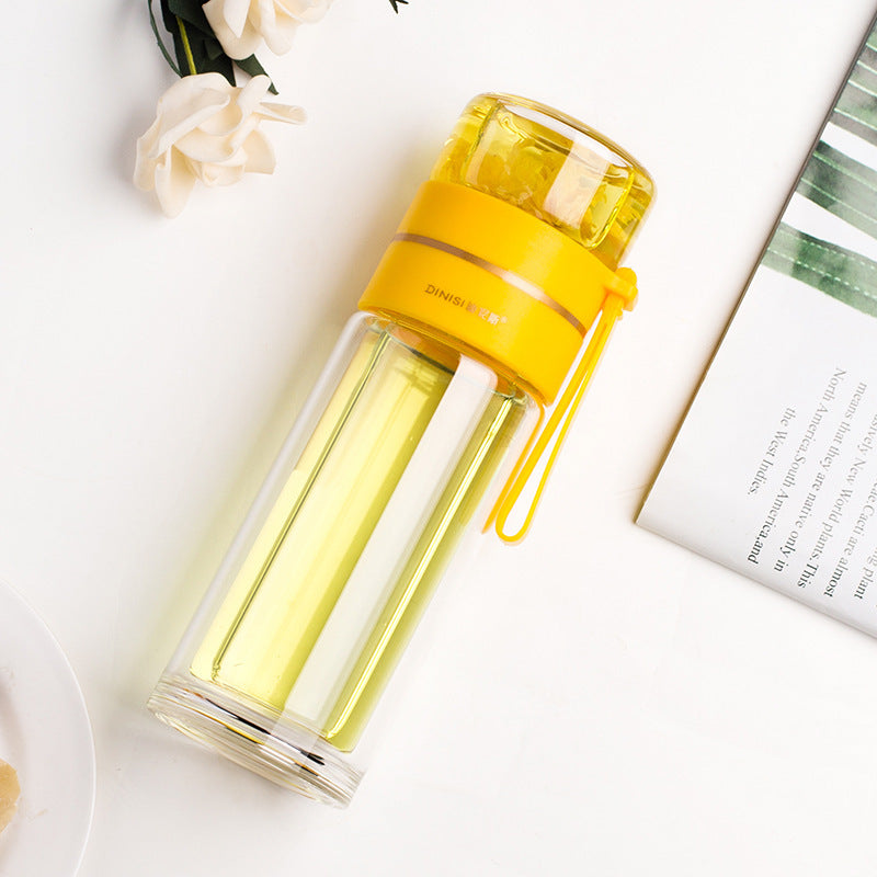Glass Water Bottle with Tea Infuser – Double Wall, Leakproof, Heat-Resistant, Tea Separation Design | 400–450ML Travel Cup