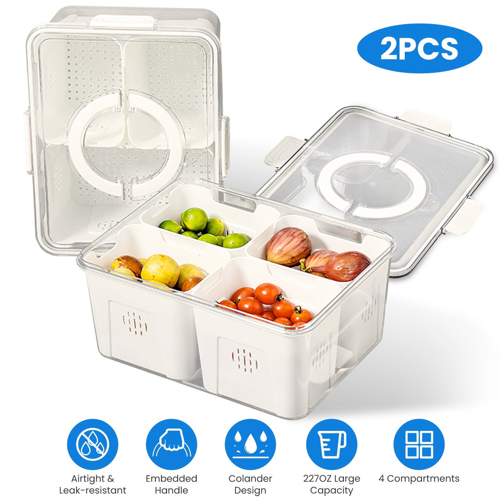 2Pack Airtight Fruit Storage Containers with 8 Removable Colanders | 4 Compartment Vegetable & Food Organizer for Fridge & Picnic