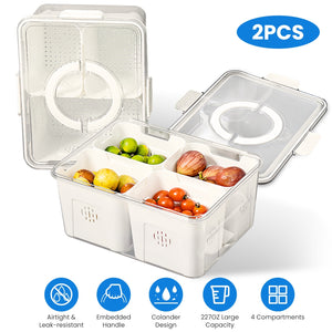 2Pack Airtight Fruit Storage Containers with 8 Removable Colanders | 4 Compartment Vegetable & Food Organizer for Fridge & Picnic