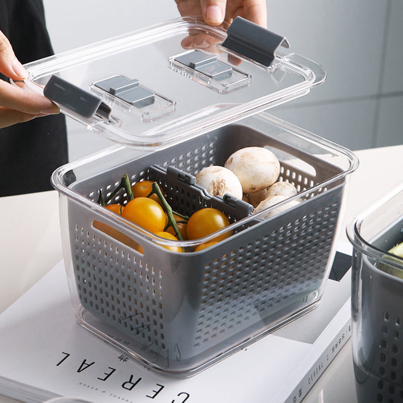 Kitchen Refrigerator Storage Box with Lid – PET Fresh-Keeping Fruit & Vegetable Drain Container – Food Organizer Crisper Bin